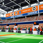 A vibrant sports stadium filled with cheering fans, showcasing a brand activation zone with interactive games, a VR experience of a past iconic game, and a pop-up store offering eco-friendly merchandise made from recycled materials, emphasizing sustainability.