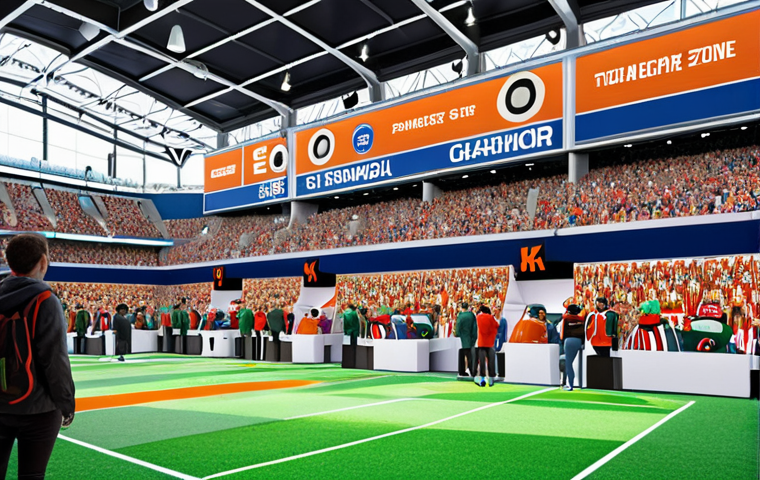 A vibrant sports stadium filled with cheering fans, showcasing a brand activation zone with interactive games, a VR experience of a past iconic game, and a pop-up store offering eco-friendly merchandise made from recycled materials, emphasizing sustainability.