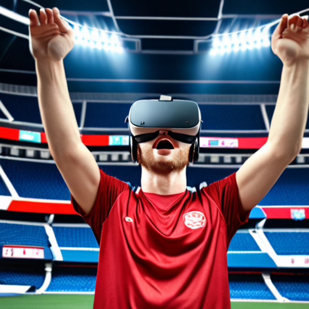 **A fan wearing a VR headset, immersed in a virtual sports stadium, experiencing the thrill of the game with realistic visuals and sounds.**
