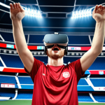 **A fan wearing a VR headset, immersed in a virtual sports stadium, experiencing the thrill of the game with realistic visuals and sounds.**