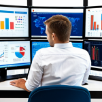 A professional sports marketing data analyst, fully clothed in a modest business casual outfit, sits at a high-tech desk in a modern, brightly lit office. Multiple large monitors display intricate data visualizations, graphs, and charts, showing fan engagement metrics and market trends. The analyst gestures confidently towards a screen, demonstrating clear insight derived from complex numbers. The background subtly includes sports team branding elements. The image conveys clarity, evidence-based decision-making, and strategic thinking. Perfect anatomy, correct proportions, natural pose, well-formed hands, proper finger count, natural body proportions. High-quality professional photography, safe for work, appropriate content, fully clothed, family-friendly.