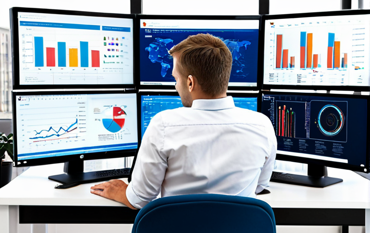 A professional sports marketing data analyst, fully clothed in a modest business casual outfit, sits at a high-tech desk in a modern, brightly lit office. Multiple large monitors display intricate data visualizations, graphs, and charts, showing fan engagement metrics and market trends. The analyst gestures confidently towards a screen, demonstrating clear insight derived from complex numbers. The background subtly includes sports team branding elements. The image conveys clarity, evidence-based decision-making, and strategic thinking. Perfect anatomy, correct proportions, natural pose, well-formed hands, proper finger count, natural body proportions. High-quality professional photography, safe for work, appropriate content, fully clothed, family-friendly.