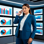 A professional female sports marketer, mid-30s, dressed in a modest business casual blazer and tailored trousers. She stands confidently in a sleek, futuristic data analysis center, surrounded by multiple large, transparent digital screens displaying complex sports analytics dashboards, dynamic graphs, and innovative Web3 interfaces with blockchain and NFT icons. She gestures towards a holographic projection of fan engagement metrics, showcasing data-driven insights. The setting is bright and forward-thinking, emphasizing digital transformation and cutting-edge technology. Professional photography, hyper-realistic, perfect anatomy, correct proportions, natural pose, well-formed hands, proper finger count, natural body proportions, fully clothed, appropriate attire, modest clothing, safe for work, appropriate content, professional, high quality.