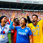 A diverse group of sports fans, including men, women, and children of various ages, fully clothed in modest, professional team jerseys and appropriate casual attire, cheering enthusiastically in a vibrant, sunlit outdoor sports stadium. The scene captures the emotional community and shared joy of the fans, with some holding team flags and others engaged in positive, family-friendly interaction. In the background, a few professional athletes are seen respectfully engaging with fans at a dedicated fan zone. safe for work, appropriate content, professional, perfect anatomy, correct proportions, natural pose, well-formed hands, proper finger count, natural body proportions, professional photography, high quality, cinematic lighting.