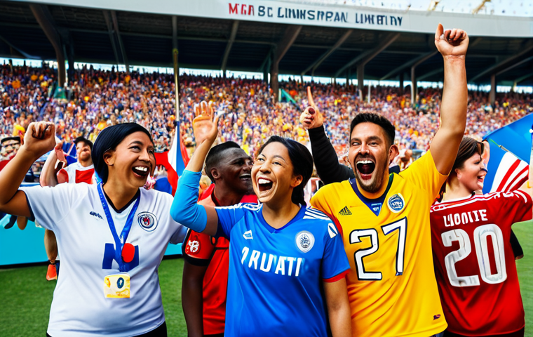 A diverse group of sports fans, including men, women, and children of various ages, fully clothed in modest, professional team jerseys and appropriate casual attire, cheering enthusiastically in a vibrant, sunlit outdoor sports stadium. The scene captures the emotional community and shared joy of the fans, with some holding team flags and others engaged in positive, family-friendly interaction. In the background, a few professional athletes are seen respectfully engaging with fans at a dedicated fan zone. safe for work, appropriate content, professional, perfect anatomy, correct proportions, natural pose, well-formed hands, proper finger count, natural body proportions, professional photography, high quality, cinematic lighting.